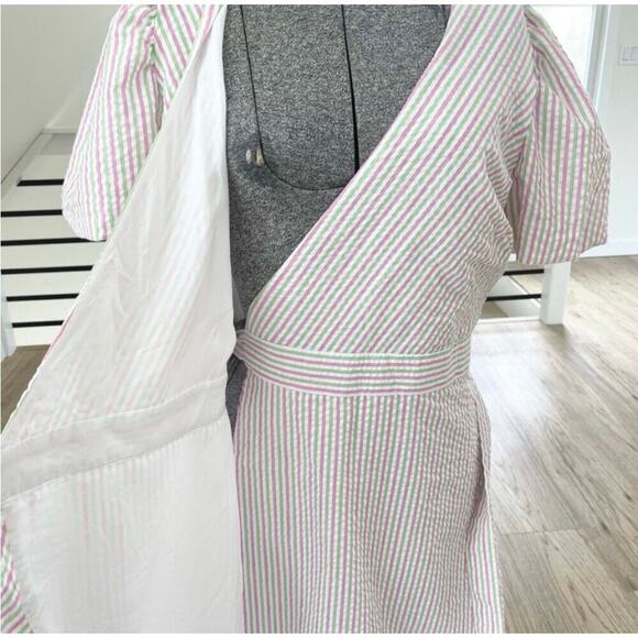 Draper James RSVP Size XXL Seersucker Green Pink Striped Wrap Dress Puff Sleeve - Picture 4 of 7